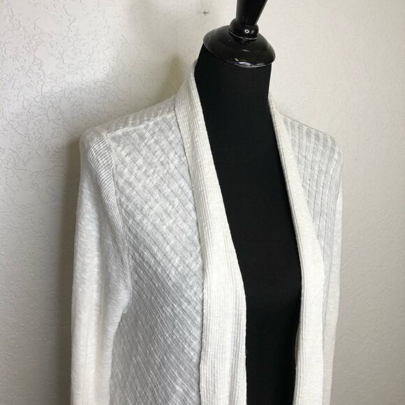 Eileen Fisher white ribbed linen blend knit open drape front cardigan size Large - Picture 2 of 16